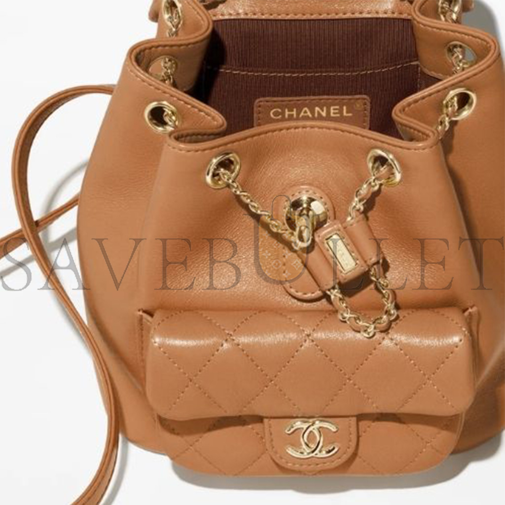 CHANEL MASTER LAMBSKIN QUILTED SMALL DUMA DRAWSTRING BACKPACK CARAMEL AS2908 (18.5*18*12cm)